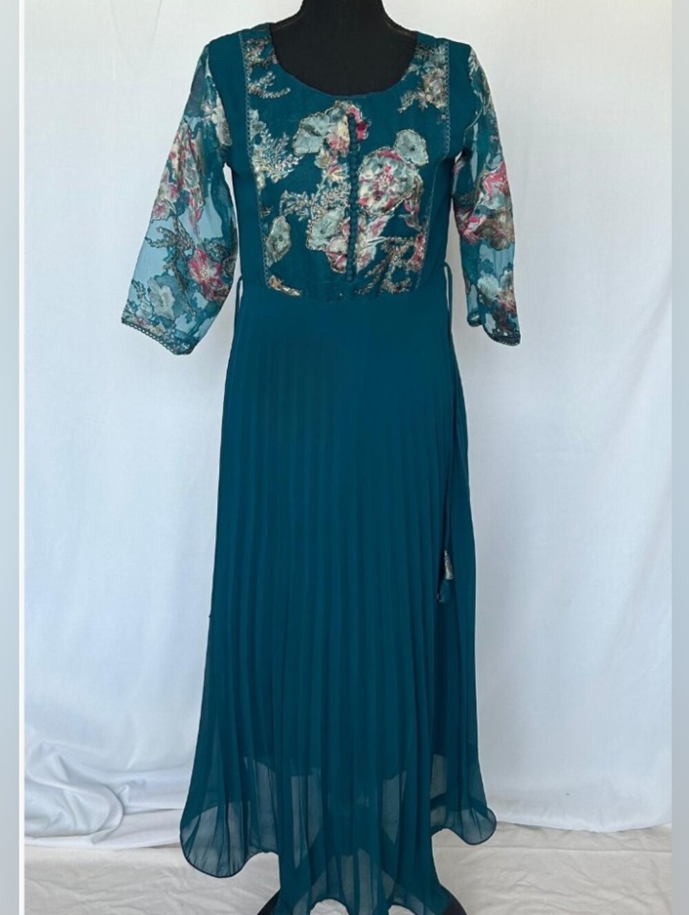Teal Floral Embroidered Pleated Maxi Dress/ Gown